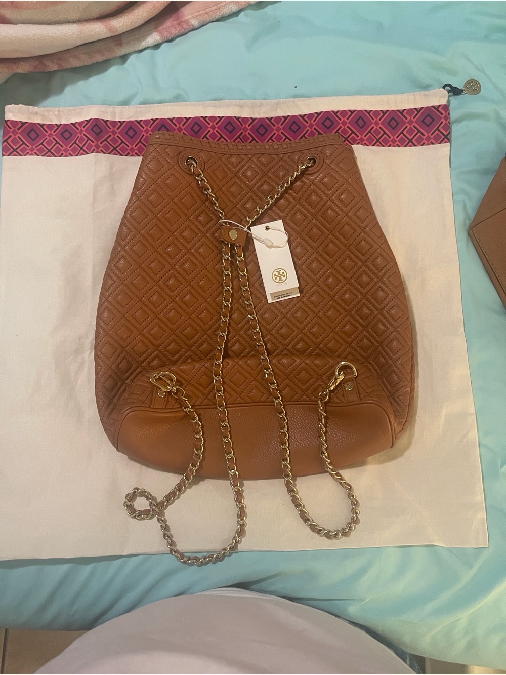Tory Burch Cognac Quilted Leather Chain-Accent Drawstring Backpack